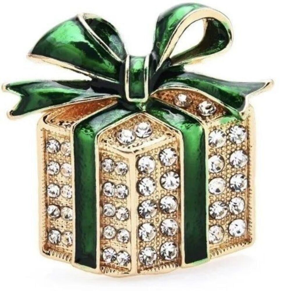 Vintage Gold Holiday Rhinestone Enamel Gift Box Brooch Green Bowknot Box Pin